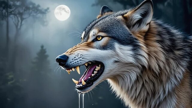 Close up of a snarling wolf with sharp teeth under a full moon in a misty forest scene wolf video