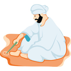 Man In Traditional White Clothing And Turban Sitting On Orange Mat Drawing In Sand With Stick