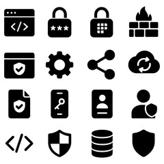 Digital Security Icons: A comprehensive array of digital security icons, symbolizing protection and safety in the digital realm. Illustrating data protection, internet security, and privacy concepts.