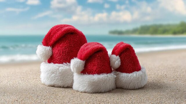 Three vibrant red and white festive hats are playfully arranged on a pristine sandy beach, with the tranquil turquoise ocean stretching into the distance under a clear blue sky. Lush green tropical fo