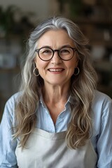 Warm portrait of a cheerful older woman with long gray hair, round eyeglasses and a striped shirt, smiling confidently in a softly lit workshop setting, captured with shallow depth and inviting atmosp