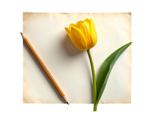 Yellow Tulip with Vintage Botanical Props – Top-Angled Studio Composition