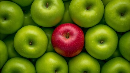 One red apple stands out among many green apples on a green background.