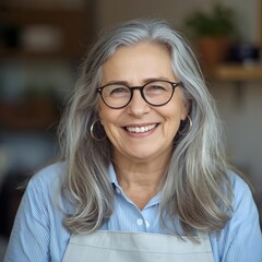 Warm portrait of a cheerful older woman with long gray hair, round eyeglasses and a striped shirt, smiling confidently in a softly lit workshop setting, captured with shallow depth and inviting atmosp