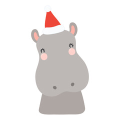 Hippo in a Santa Claus hat isolated on transparent. Hand drawn flat vector illustration. Cute cartoon character. Traditional Christmas, New Year, seasonal design element, holiday clip art