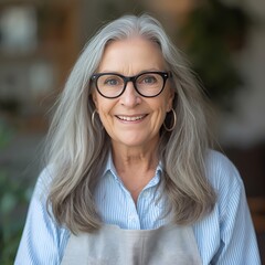Warm portrait of a cheerful older woman with long gray hair, round eyeglasses and a striped shirt, smiling confidently in a softly lit workshop setting, captured with shallow depth and inviting atmosp