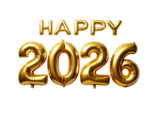  Golden “Happy New Year” Text with Foil Balloon Numbers 2026 on White Background PNG