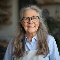 Warm portrait of a cheerful older woman with long gray hair, round eyeglasses and a striped shirt, smiling confidently in a softly lit workshop setting, captured with shallow depth and inviting atmosp