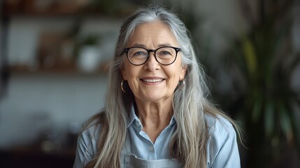 Warm portrait of a cheerful older woman with long gray hair, round eyeglasses and a striped shirt, smiling confidently in a softly lit workshop setting, captured with shallow depth and inviting atmosp