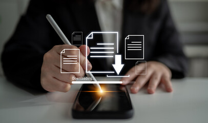 Visual representation of digital document downloading, showing file transfer, data access, and progress status for secure and efficient information retrieval Latch