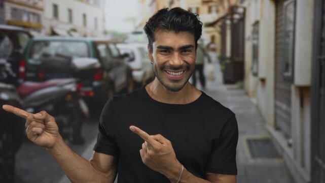 Man smiling and pointing finger on street with parked cars and building facades in view; optimism friendliness.