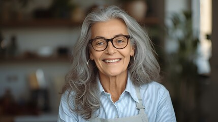 Warm portrait of a cheerful older woman with long gray hair, round eyeglasses and a striped shirt, smiling confidently in a softly lit workshop setting, captured with shallow depth and inviting atmosp