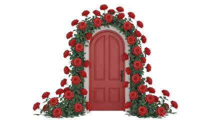 Romantic doorway adorned isolated on transparent background, with red roses, perfect for wedding or Valentine's Day themed designs and elegant events