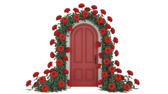 Romantic doorway adorned isolated on transparent background, with red roses, perfect for wedding or Valentine's Day themed designs and elegant events