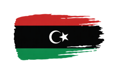 Distressed brushstroke design displays the former Libyan flag with vibrant red, black, and green hues in a textured style