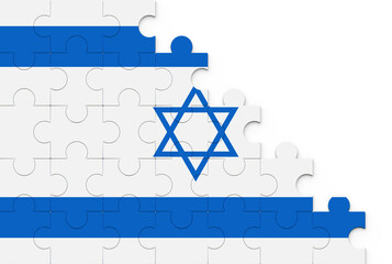 Fototapeta premium Israel flag puzzle pieces on a isolated background. Flag of the israel from puzzles. Puzzle- frame background in colors of national flag.