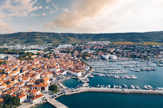 Panoramic Aerial View of Izola, a Historic Coastal Town on the Slovenian Adriatic Sea