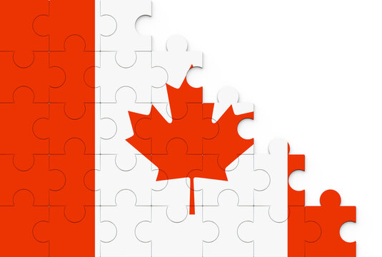Canada flag puzzle pieces on a isolated background. Flag of the canada from puzzles. Puzzle- frame background in colors of national flag.