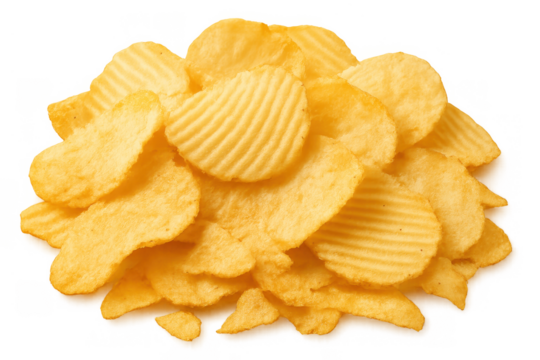 Crispy golden potato chips creating a pile of savory snack food. Irregularly shaped crisps with transparent background
