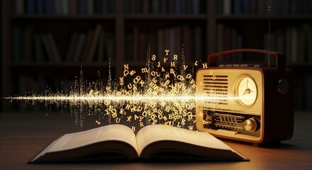 Conceptual close-up of a vintage retro radio next to an open book with glowing golden sound waves and floating letters symbolizing audiobooks and storytelling
