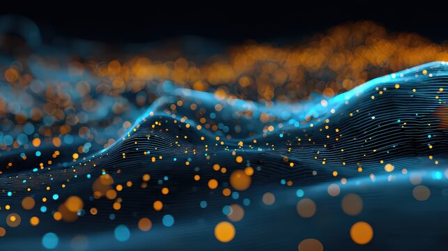 Abstract Digital Landscape with Blue and Orange Dot Clusters and Bokeh Effect