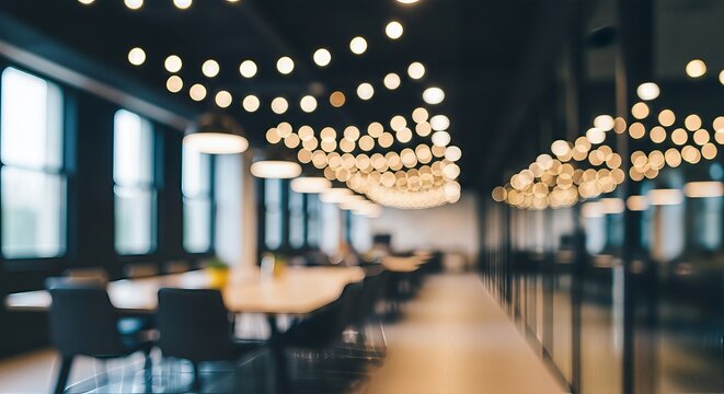 Blurred corporate interior with stylish lighting and modern design aesthetics creating a dynamic