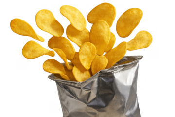 Potato chips flying out of a silver bag, exploding with crispy snack food, a delicious crunchy ready-to-eat treat junk background