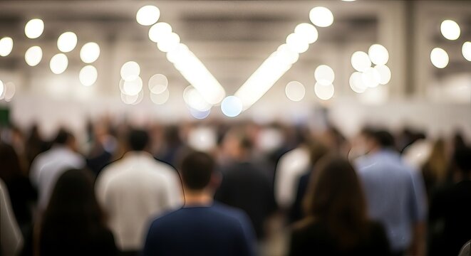 Blurred crowd of attendees under bright event hall lights, showcasing a public gathering