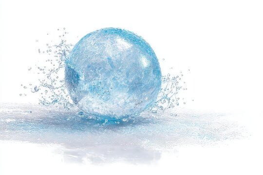 Abstract Blue Sphere Fragmenting Against White Background with Reflective Surface