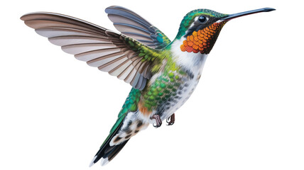 Fototapeta premium Vibrant hummingbird isolated on transparent background, in flight with wings spread, showcasing detailed plumage and colorful iridescent feathers