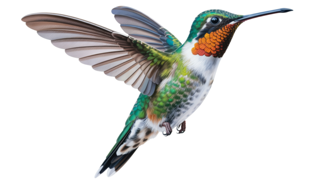 Vibrant hummingbird isolated on transparent background, in flight with wings spread, showcasing detailed plumage and colorful iridescent feathers