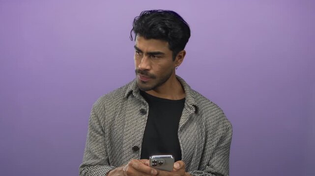 Man scrolling smartphone with both hands and downward gaze in studio with purple background; digital concentration.