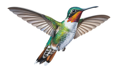 Obraz premium Stunning hummingbird isolated on transparent background, in flight with vibrant colors and striking details, a symbol of nature and beauty