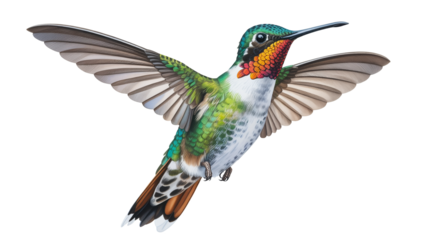 Stunning hummingbird isolated on transparent background, in flight with vibrant colors and striking details, a symbol of nature and beauty