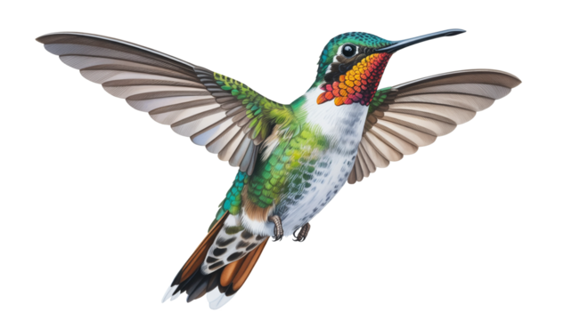 Stunning hummingbird isolated on transparent background, in flight with vibrant colors and striking details, a symbol of nature and beauty