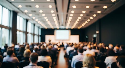 Blurred expansive conference hall showcasing presentation to attentive audience
