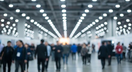 Blurred figures navigating a brightly lit convention center, suggesting a busy and expansive event