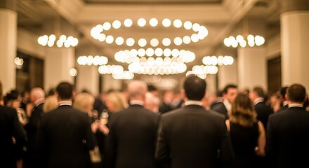 Blurred gathering showcases sophistication with elegant lighting and refined attire at a formal
