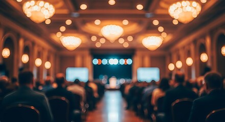Blurred perspective of a gathering in an ornate room for a convention or seminar event