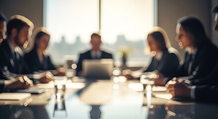 Blurred representation of a business meeting amidst the cityscape backdrop conferring and