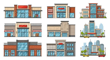 Collection of various shopping center buildings and urban city landscapes © Avra