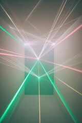 Abstract Geometric Light Display With Green And Pink Laser Lines Against a White Background