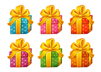 Holiday present gift boxes, Christmas surprise cardboard package decoration ribbon bow color set. Birthday festive wrapped paper packaging. Xmas celebration. Prize or decorative parcel packing. Vector