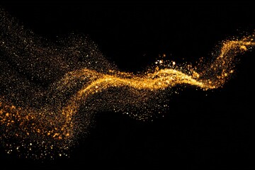 Abstract Golden Glittering Wave on Black Background with Light Effects