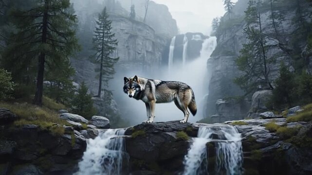 Wolf standing on rocks with waterfall and trees in background majestic nature scene wolf video