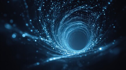 Abstract Tunnel of Light in Dark Blue Space with Bright Glowing Particles