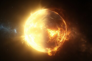 Fototapeta premium Bright Celestial Body Illuminated In Space Against Dark Background With Fiery Elements