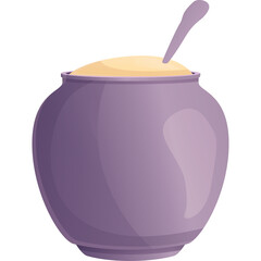 Purple Ceramic Pot Filled With Light Yellow Substance And Small Spoon Inside On White Background Studio Shot