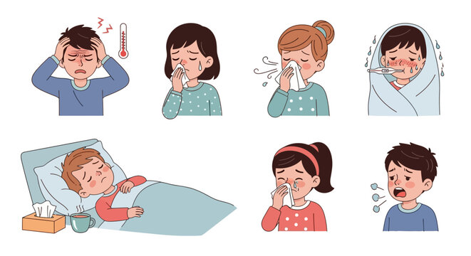 Collection of People Suffering from Illness Symptoms Cartoon