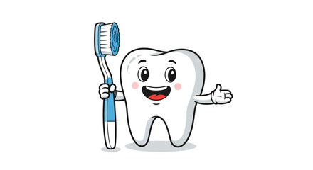 Happy cartoon tooth character holding a toothbrush and giving a thumbs up, a vector illustration for dental care